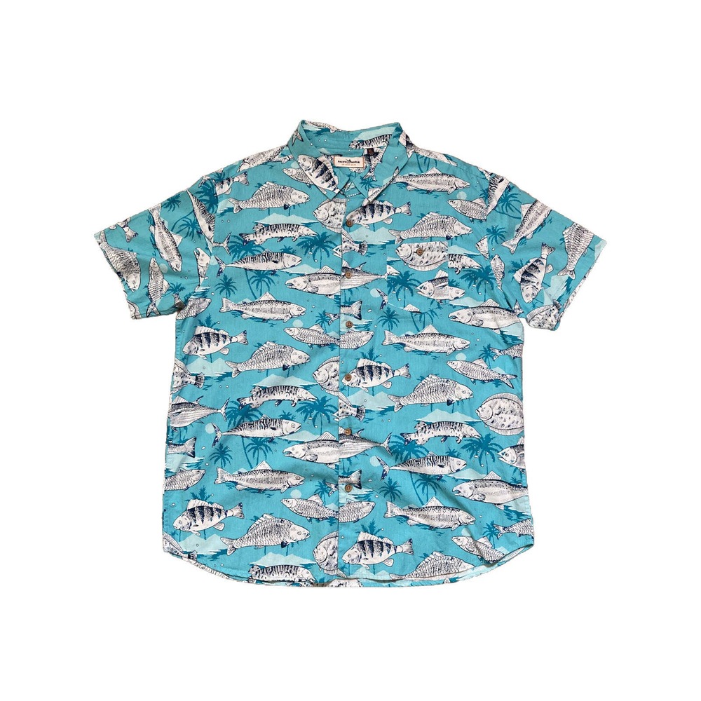 MEN'S PACIFIC MARLIN BUTTON UP COTTON SHIRT OCEAN BLUE XL
